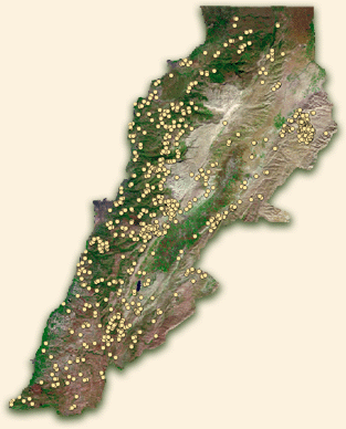 Satellite image showing  the sheer number of quarries scattered all over the Lebanese territory